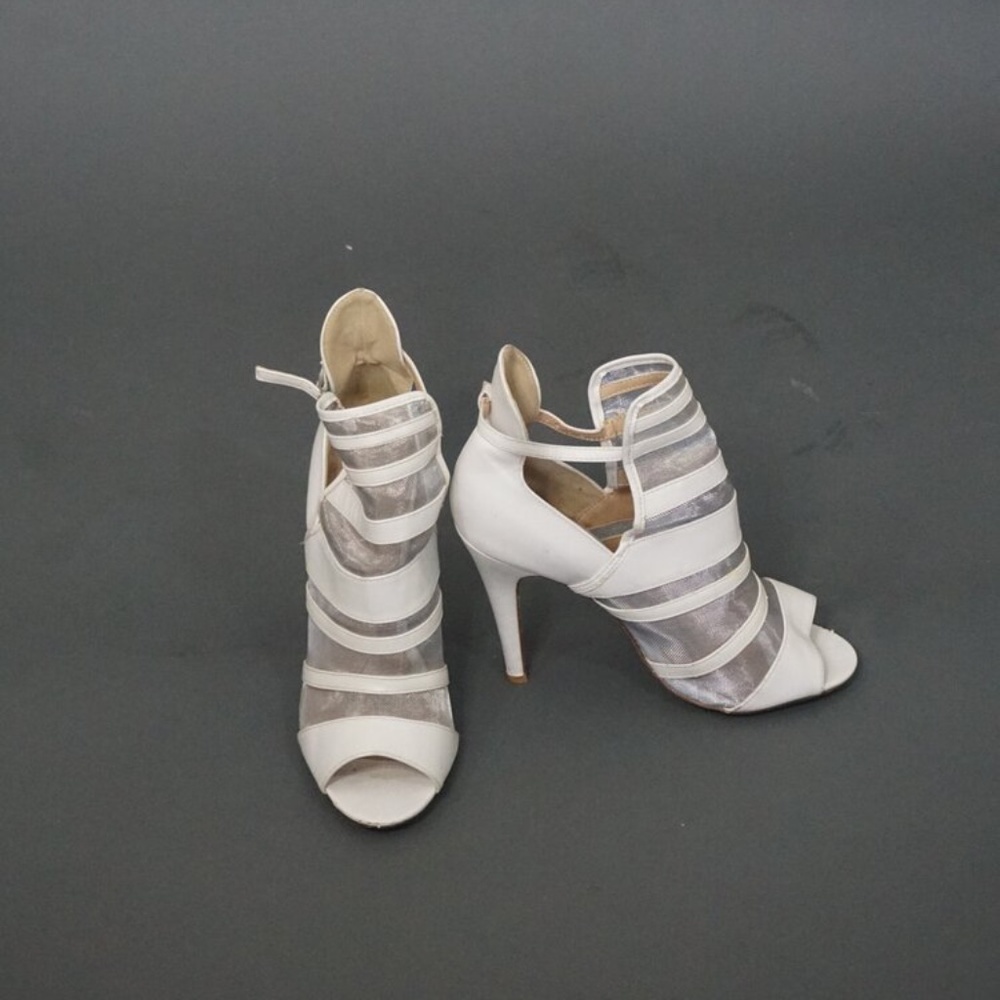 White, Mesh & Leatherette Ankle Peep Toe Heel